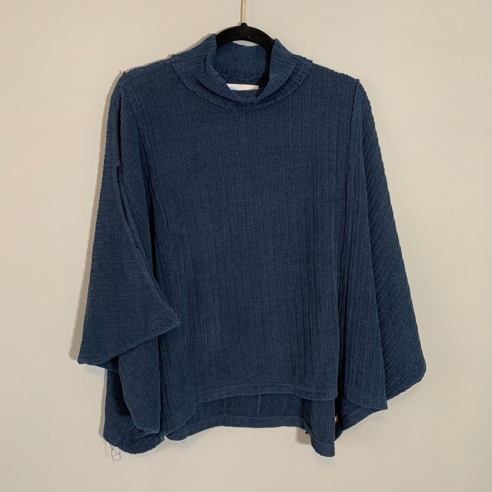 FP Beach Blue Textured Turtle Neck Poncho Sweater‎ Top Women's Size S
